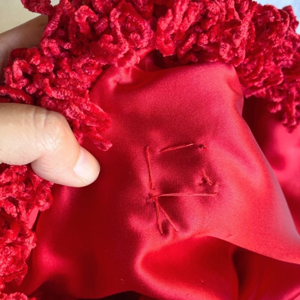 Vintage 1980s 1990s Geoffrey Beene Red Dress w Chenile fringe collar sleeve hems - Picture 9 of 10
